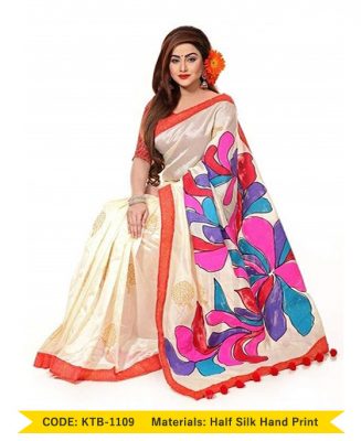 Half Silk Hand Print Saree (KTB-1109)