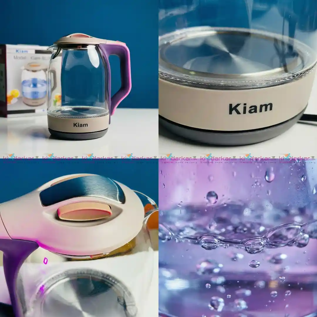 Kiam Electric Kettle BL002 1.8 liter with automatic shut off and overheat protection placed on kitchen counter. Kiam Electric Kettle BL002 1.8 liter with automatic shut off and overheat protection placed on kitchen counter.