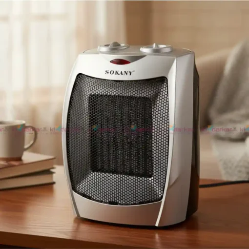 Sokany SK-1653 electric room heater placed indoors, compact design heater for home and office use.