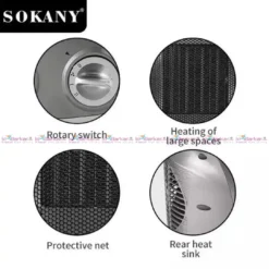 Sokany SK-1653 electric room heater placed indoors, compact design heater for home and office use.