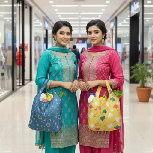 reusable foldable shopping bag with gold print, shown with matching compact pouch.